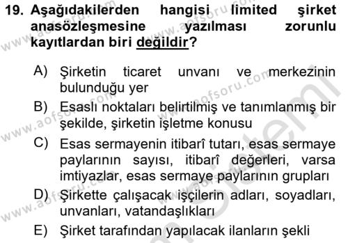 Ticaret Hukuku Dersi 2023 - 2024 Yılı (Vize) Ara Sınavı 19. Soru