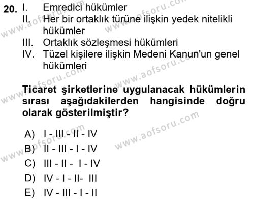 Ticaret Hukuku Dersi 2023 - 2024 Yılı (Vize) Ara Sınavı 20. Soru