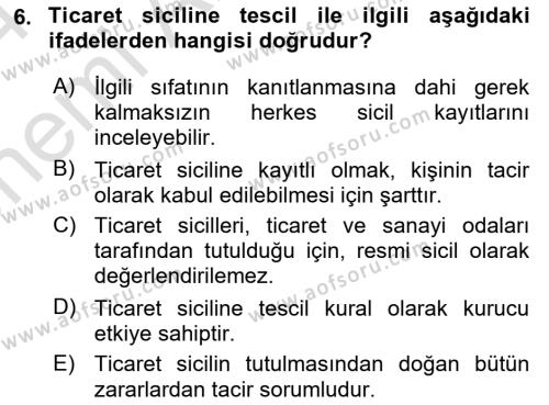 Ticaret Hukuku Dersi 2023 - 2024 Yılı (Vize) Ara Sınavı 6. Soru