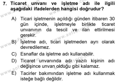 Ticaret Hukuku Dersi 2023 - 2024 Yılı (Vize) Ara Sınavı 7. Soru