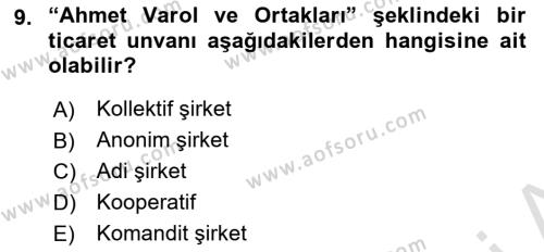 Ticaret Hukuku Dersi 2023 - 2024 Yılı (Vize) Ara Sınavı 9. Soru