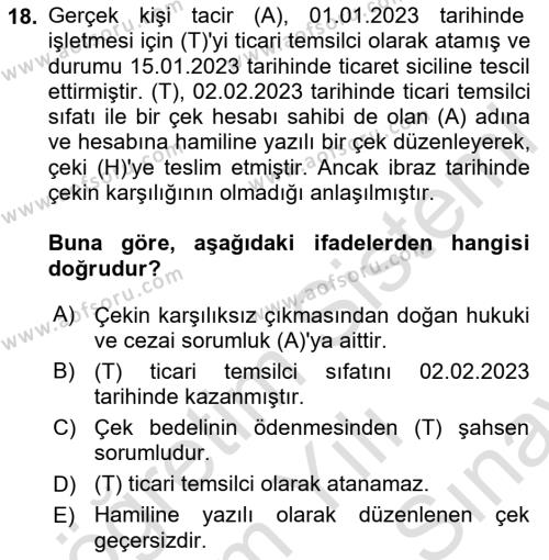 Ticaret Hukuku Dersi 2023 - 2024 Yılı (Final) Dönem Sonu Sınavı 18. Soru