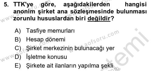 Ticaret Hukuku Dersi 2023 - 2024 Yılı (Final) Dönem Sonu Sınavı 5. Soru