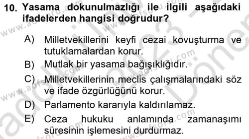 Anayasa Hukuku Dersi 2023 - 2024 Yılı (Final) Dönem Sonu Sınavı 10. Soru