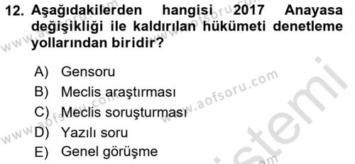 Anayasa Hukuku Dersi 2023 - 2024 Yılı (Final) Dönem Sonu Sınavı 12. Soru