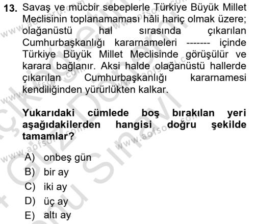 Anayasa Hukuku Dersi 2023 - 2024 Yılı (Final) Dönem Sonu Sınavı 13. Soru