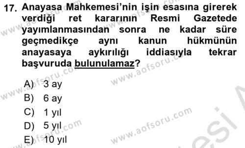 Anayasa Hukuku Dersi 2023 - 2024 Yılı (Final) Dönem Sonu Sınavı 17. Soru