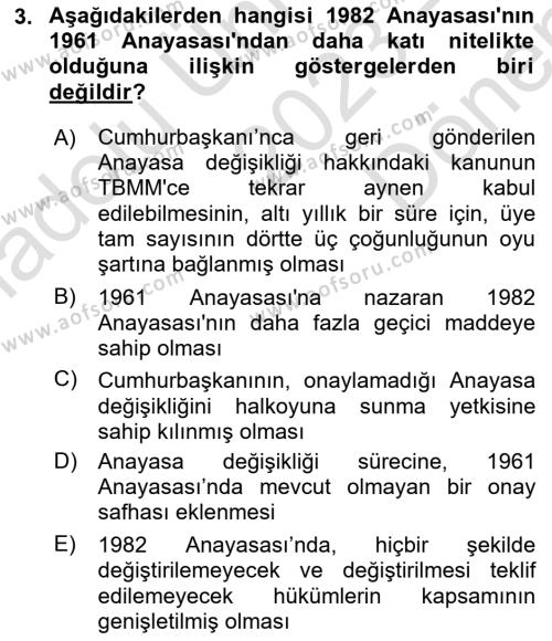 Anayasa Hukuku Dersi 2023 - 2024 Yılı (Final) Dönem Sonu Sınavı 3. Soru