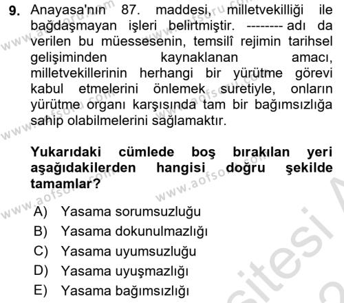 Anayasa Hukuku Dersi 2023 - 2024 Yılı (Final) Dönem Sonu Sınavı 9. Soru