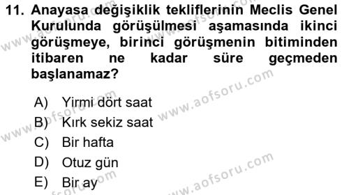 Anayasa Hukuku Dersi 2023 - 2024 Yılı Yaz Okulu Sınavı 11. Soru