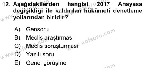 Anayasa Hukuku Dersi 2023 - 2024 Yılı Yaz Okulu Sınavı 12. Soru