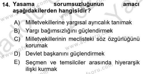 Anayasa Hukuku Dersi 2023 - 2024 Yılı Yaz Okulu Sınavı 14. Soru