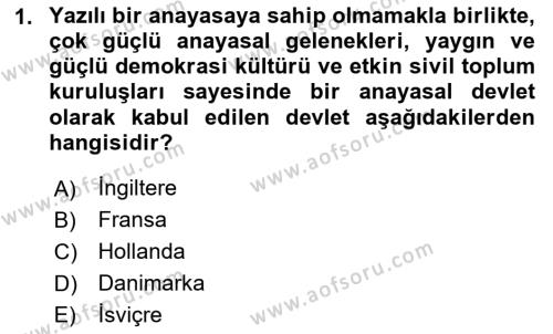 Anayasa Hukuku Dersi 2024 - 2025 Yılı (Vize) Ara Sınavı 1. Soru