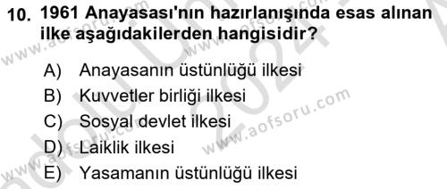 Anayasa Hukuku Dersi 2024 - 2025 Yılı (Vize) Ara Sınavı 10. Soru