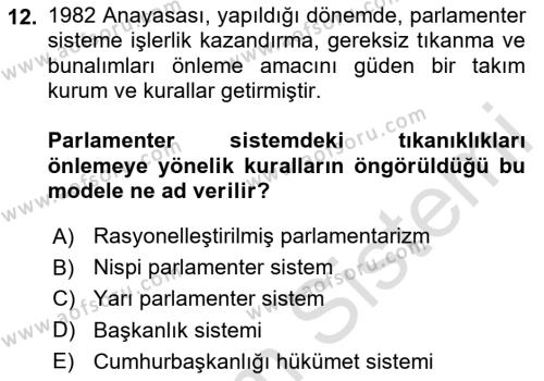 Anayasa Hukuku Dersi 2024 - 2025 Yılı (Vize) Ara Sınavı 12. Soru