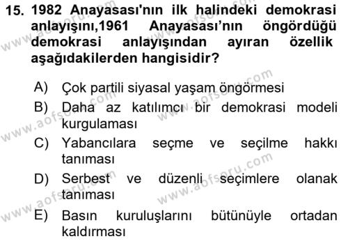 Anayasa Hukuku Dersi 2024 - 2025 Yılı (Vize) Ara Sınavı 15. Soru