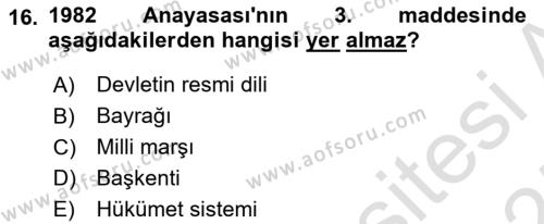 Anayasa Hukuku Dersi 2024 - 2025 Yılı (Vize) Ara Sınavı 16. Soru