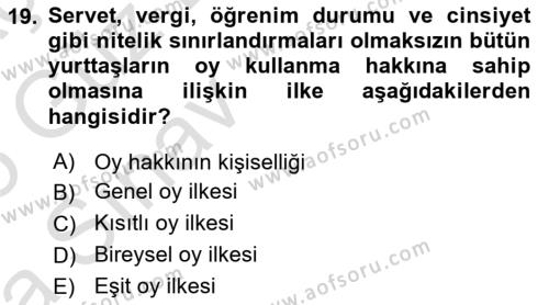 Anayasa Hukuku Dersi 2024 - 2025 Yılı (Vize) Ara Sınavı 19. Soru