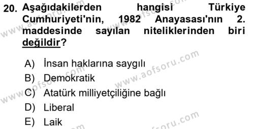 Anayasa Hukuku Dersi 2024 - 2025 Yılı (Vize) Ara Sınavı 20. Soru