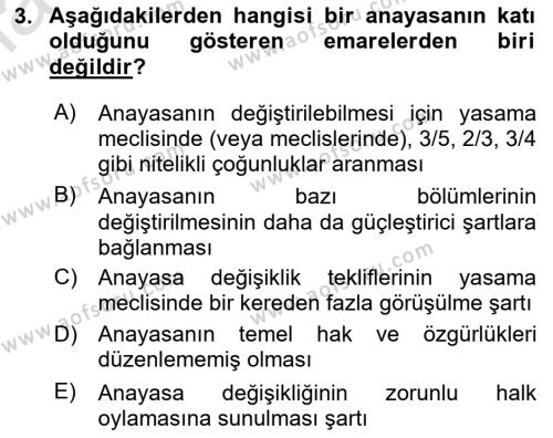 Anayasa Hukuku Dersi 2024 - 2025 Yılı (Vize) Ara Sınavı 3. Soru