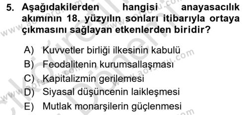 Anayasa Hukuku Dersi 2024 - 2025 Yılı (Vize) Ara Sınavı 5. Soru