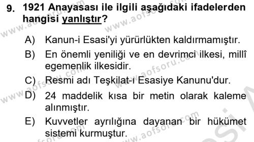 Anayasa Hukuku Dersi 2024 - 2025 Yılı (Vize) Ara Sınavı 9. Soru