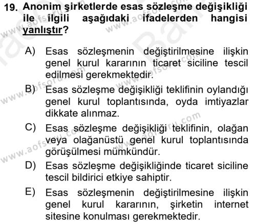 Ticaret Hukuku 2 Dersi 2017 - 2018 Yılı (Vize) Ara Sınavı 19. Soru