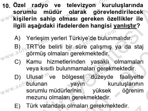 Medya Hukuku Dersi 2020 - 2021 Yılı Yaz Okulu Sınavı 10. Soru