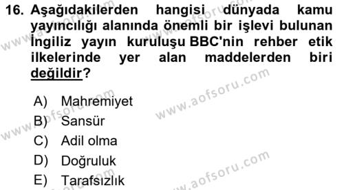 Medya Hukuku Dersi 2020 - 2021 Yılı Yaz Okulu Sınavı 16. Soru