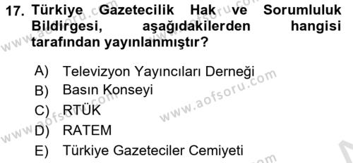 Medya Hukuku Dersi 2020 - 2021 Yılı Yaz Okulu Sınavı 17. Soru