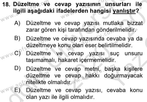 Medya Hukuku Dersi 2020 - 2021 Yılı Yaz Okulu Sınavı 18. Soru