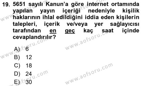 Medya Hukuku Dersi 2020 - 2021 Yılı Yaz Okulu Sınavı 19. Soru