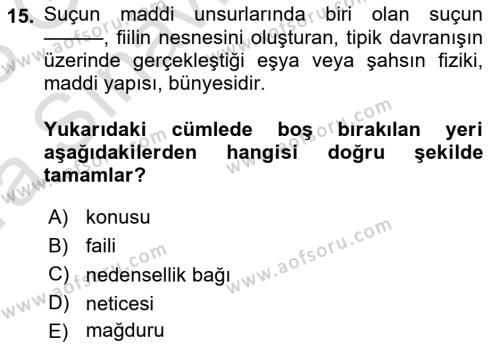 Ceza Hukukuna Giriş Dersi 2022 - 2023 Yılı (Vize) Ara Sınavı 15. Soru