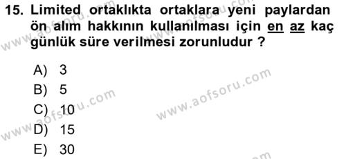 Ticaret Hukukuna Giriş Dersi 2020 - 2021 Yılı Yaz Okulu Sınavı 15. Soru