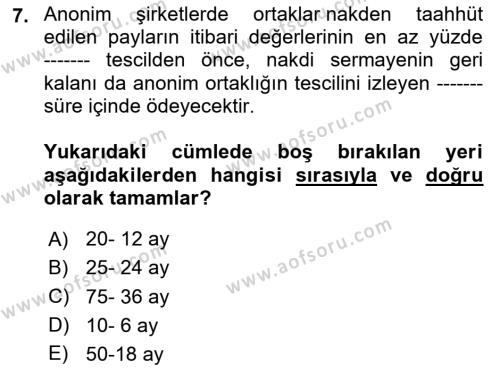 Ticaret Hukukuna Giriş Dersi 2020 - 2021 Yılı Yaz Okulu Sınavı 7. Soru