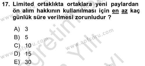 Ticaret Hukukuna Giriş Dersi 2021 - 2022 Yılı (Vize) Ara Sınavı 17. Soru