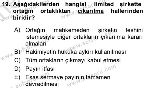 Ticaret Hukukuna Giriş Dersi 2021 - 2022 Yılı (Vize) Ara Sınavı 19. Soru