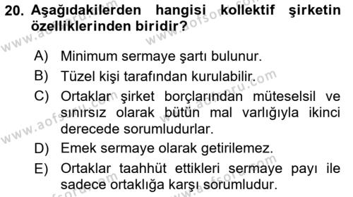 Ticaret Hukukuna Giriş Dersi 2021 - 2022 Yılı (Vize) Ara Sınavı 20. Soru