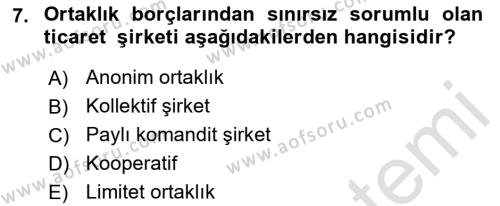 Ticaret Hukukuna Giriş Dersi 2021 - 2022 Yılı Yaz Okulu Sınavı 7. Soru