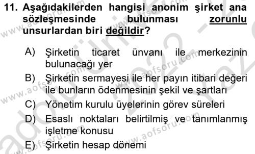 Ticaret Hukukuna Giriş Dersi 2022 - 2023 Yılı Yaz Okulu Sınavı 11. Soru