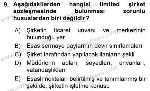 Ticaret Hukukuna Giriş Dersi 2022 - 2023 Yılı Yaz Okulu Sınavı 9. Soru