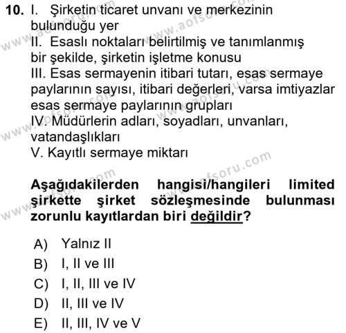 Ticaret Hukukuna Giriş Dersi 2023 - 2024 Yılı (Vize) Ara Sınavı 10. Soru