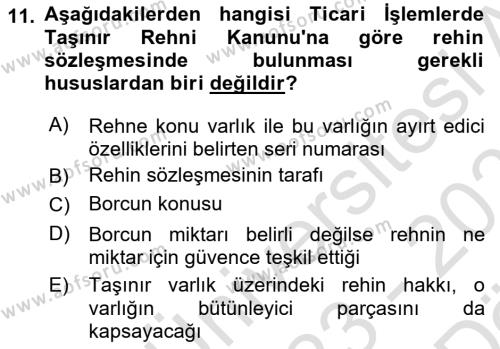 Ticaret Hukukuna Giriş Dersi 2023 - 2024 Yılı (Vize) Ara Sınavı 11. Soru