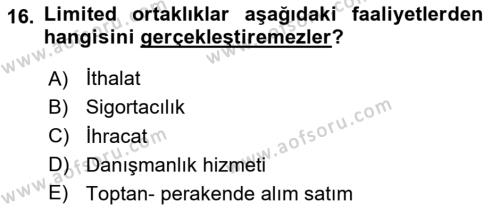 Ticaret Hukukuna Giriş Dersi 2023 - 2024 Yılı (Vize) Ara Sınavı 16. Soru