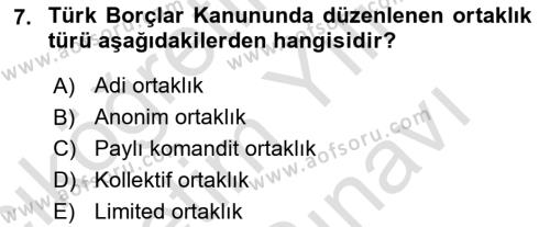 Ticaret Hukukuna Giriş Dersi 2023 - 2024 Yılı (Vize) Ara Sınavı 7. Soru