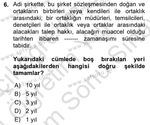 Ticaret Hukukuna Giriş Dersi 2023 - 2024 Yılı (Final) Dönem Sonu Sınavı 6. Soru