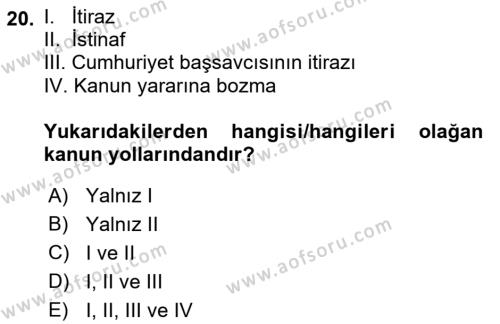 Ceza Yargılama Hukuku Dersi 2021 - 2022 Yılı (Final) Dönem Sonu Sınavı 20. Soru