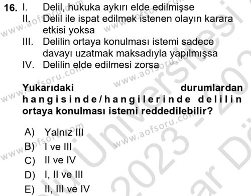 Ceza Yargılama Hukuku Dersi 2023 - 2024 Yılı (Vize) Ara Sınavı 16. Soru