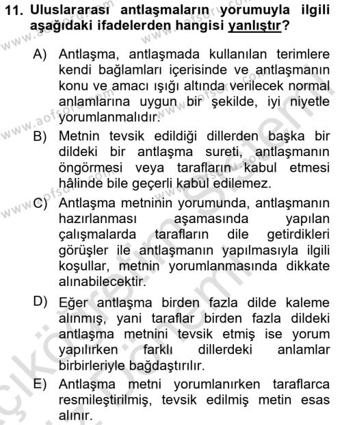 Uluslararası Hukuk 1 Dersi 2024 - 2025 Yılı (Vize) Ara Sınavı 11. Soru