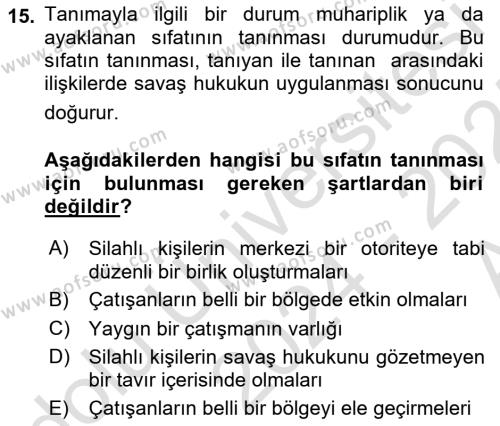 Uluslararası Hukuk 1 Dersi 2024 - 2025 Yılı (Vize) Ara Sınavı 15. Soru